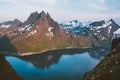 Senja island landscape in Norway rocky mountains and fjord aerial view travel beautiful destinations sunset scenery Royalty Free Stock Photo