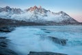 Senja panoramic aerial view landscape nordic snow cold winter norway ocean cloudy sky snowy mountains. Troms county, Fjordgard