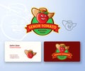 Senor Tomato Abstract Vector Logo and Business Card Template. Premium Stationary Realistic Mock Up. Funny Smiling