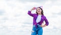 sense of freedom. portrait of pretty child girl in party glasses. concept of summer. happy childhood. cheerful teen girl