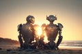 Sensess development in artificial intelligence concept with pair of robots on a beach. Created with Generative AI technology