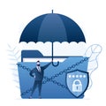 Sensitive Data, Antivirus security concept background. Handsome businessman hold safety umbrella, security shield with lock