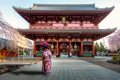 Sensoji temple gateYoung asian woman wearing Kimono Japanese tradition dressed sightseeing at Sensoji temple gate with cherry