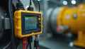 Sensor device monitors industrial machine for vibration and heat. Yellow gadget connects via cables, shows data graph on screen. Royalty Free Stock Photo