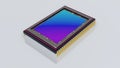 Sensor of modern digital camera. top side view, iridescent matrix surface, isolated on white