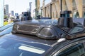 Sensors, cameras and lidars on the roof of a self-driving car. Close-up. Self-driving car testing