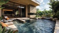Sensory-Driven Pool Atrium designed with a home office overlooking a serene water feature, promoting focus and tranquility Royalty Free Stock Photo