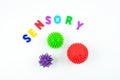 Sensory word and tactile massage ball. Sensory integration dysfunction, processing disorder.Therapy hand, development of