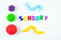 Sensory word and tactile massage ball. Sensory integration dysfunction, processing disorder.Therapy hand, development of