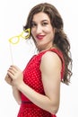 Sensual Alluring Caucasian Female Holding Yellow Artistic Spectacles
