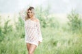 Sensual blond woman in white dress outdoors Royalty Free Stock Photo
