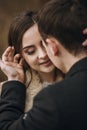 Sensual bride and groom embracing in autumn forest. happy newlywed couple hugging in woods, romantic tender moment of gorgeous Royalty Free Stock Photo