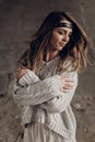 Sensual brunette woman in stylish hipster clothes posing outdoor Royalty Free Stock Photo