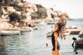 Sensual carefree summer woman enjoying vacation.Seaside stress less lifestyle.Fit traveler enjoying life.Full of energy.Energetic Royalty Free Stock Photo