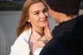 Sensual couple in love enjoy each other, affectionate young man and woman enjoying exciting moment of first kiss Royalty Free Stock Photo