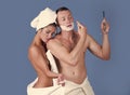 Sensual Couple in love enjoy morning. Good morning. Wellness weekend. Young couple in bathroom of hotel. Fashion