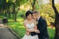 Sensual couple portrait, romantic newlywed bride and groom huggi