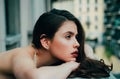 Sensual girl outdoor. City fashion portrait. Fashionable Woman on balcony. Royalty Free Stock Photo