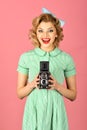 Sensual girl in pinup style, make photo. Royalty Free Stock Photo