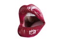 Sensual glossy lips, beautiful shiny lipstick, female cosmetics, open sexy mouth, isolated style icon. Beauty sensual
