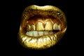 Sensual golden woman lips. Aggressive angry mouth. Womans gold lip. Female mouth close up.