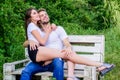 Sensual hug. Love and romance concept. Summer vacation. Romantic date in park. Handsome man pretty girl in love Royalty Free Stock Photo