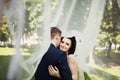 Sensual kiss of bride and groom under veil Royalty Free Stock Photo