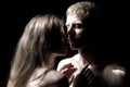 Sensual kiss. Portrait of lovely couple in love. Young sensual girlfriend glad to passionate kiss from her boyfriend Royalty Free Stock Photo