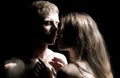 Sensual kiss. Portrait of lovely couple in love. Young sensual girlfriend glad to passionate kiss from her boyfriend Royalty Free Stock Photo