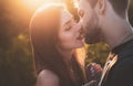 Sensual kissing on sunset. Couple In Love. Intimate relationship and sexual relations. Closeup mouths kissing. Passion