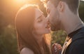 Sensual kissing on sunset. Couple In Love. Intimate relationship and sexual relations. Closeup mouths kissing. Passion