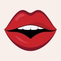 Sensual lips in red lipstick icon. Open mouth with healthy teeth, white smile. Vector simple logo isolated on white Royalty Free Stock Photo