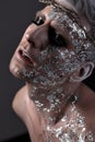 Sensual Man Fantasy Portrait. Silver Body Art.