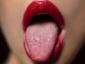 Sensual open mouth with tongue. Sensual red lips. Sexy lips kiss, kissing mouth. Passion kisses. Royalty Free Stock Photo