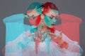 Sensual belly daner dancing portrait red cyan double exposure