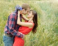 Sensual outdoor portrait of young smiling attractive couple in l Royalty Free Stock Photo