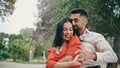 Sensual partners dancing latino dance in city park close up. Couple enjoy salsa. Royalty Free Stock Photo