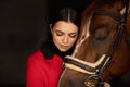 Sensual photo young woman rider and horse, concept of mutual understanding of girl and animal, antistress therapy Royalty Free Stock Photo