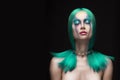 Sensual portrait of beautiful dyed green hair naked shoulders cl