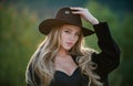 Sensual portrait of elegant young woman in wide broad brim hat outdoors. Beautiful fashionable girl. Royalty Free Stock Photo