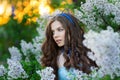 Sensual portrait of spring woman, beautiful face female enjoying cherry blossom Royalty Free Stock Photo