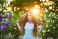 Sensual portrait of spring woman, beautiful face female enjoying cherry blossom Royalty Free Stock Photo