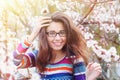 Sensual portrait of spring woman, beautiful face female enjoying cherry blossom Royalty Free Stock Photo