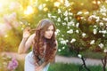 Sensual portrait of spring woman, beautiful face female enjoying cherry blossom Royalty Free Stock Photo