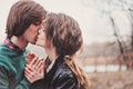 Sensual portrait of young loving couple kissing on the walk in early spring Royalty Free Stock Photo