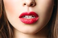 Sensual red Lip, mouth open. Beautiful Woman Portrait, close-up big Lips. Magnificent red ripstick on the lips Royalty Free Stock Photo