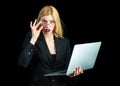 Sensual secretary business woman holding laptop, black isolated. Gorgeous blond secretary woman working in office Royalty Free Stock Photo