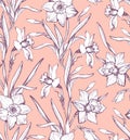 Sensual spring seamless pattern with elegant daffodil on pink.