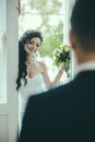 Sensual woman with bridal makeup and hairstyle. Happy bride smile to groom. Woman and man on wedding day. Fashion girl Royalty Free Stock Photo