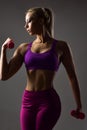 Sensual woman with dumbbell, weightlifting. Royalty Free Stock Photo